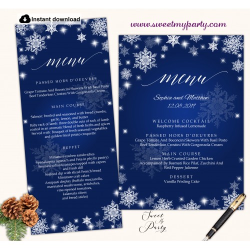 Snowflakes menu card printable template,Winter wedding menu card,(152w)